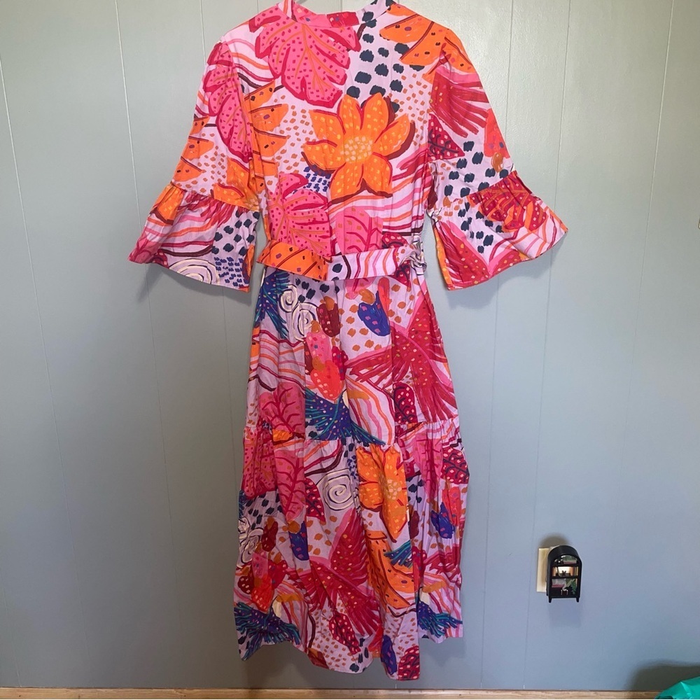 FARM RIO Botanical Print Belted Mid Dress Large - Picture 6 of 8